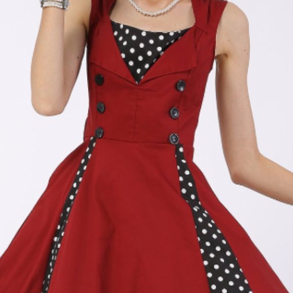 HALLOWEEN COSTUME! iHot Red & Black Polka Dot Button Accent Fit & Flare Dress - Picture 3 of 12